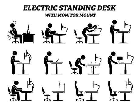 Ergonomic electric standing desk table with monitor mount. Stick figure picto Stock Illustration