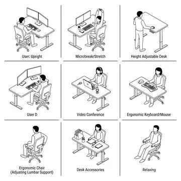 Ergonomic office setup illustrations, healthy workspace concepts, desk acce.. Stock Illustration