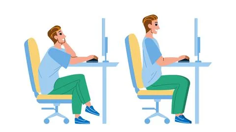 In Ergonomic Posture Sit Man At Computer Vector Stock Illustration