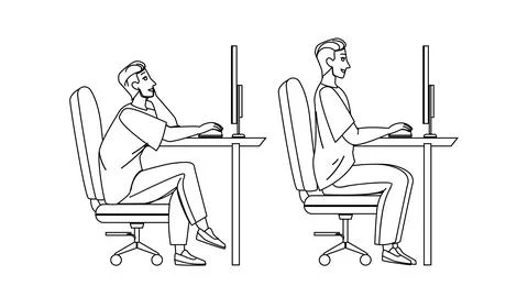 In Ergonomic Posture Sit Man At Computer Vector Stock Illustration