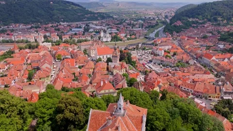 Erial drone view of the Historic Centre of Sighisoara, Romania. Stock-Footage 314039378