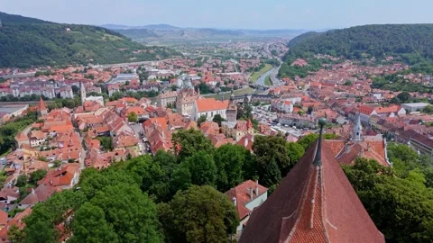 Erial drone view of the Historic Centre of Sighisoara, Romania. Video stock 314039670