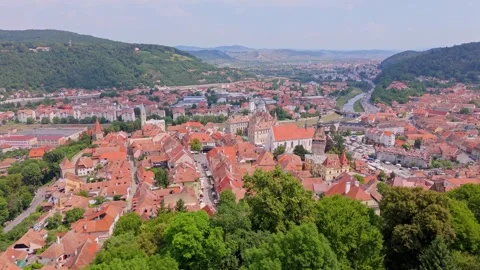 Erial drone view of the Historic Centre of Sighisoara, Romania. Stock Footage 314039988
