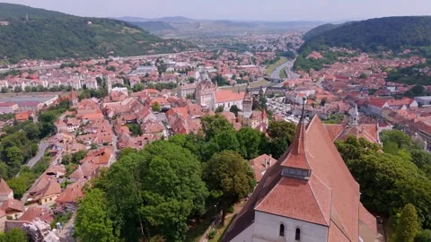 Erial drone view of the Historic Centre of Sighisoara, Romania. Stock Footage 314040323