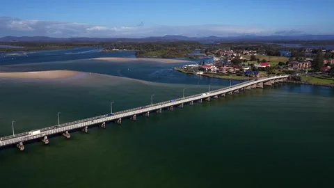 Erial Shot of Forster Tuncurry Bridge – Wallis Lake NSW Australia 스톡 동영상 339681071