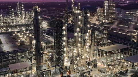 Erial view of chimneys of power plant, an industrial district. Stock Footage 324813945
