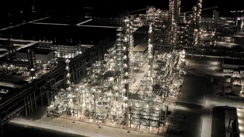 Erial view of chimneys of power plant, an industrial district. Stock Footage 324814070