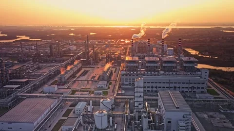 Erial view of chimneys of power plant, an industrial district. Stock Footage 324814738