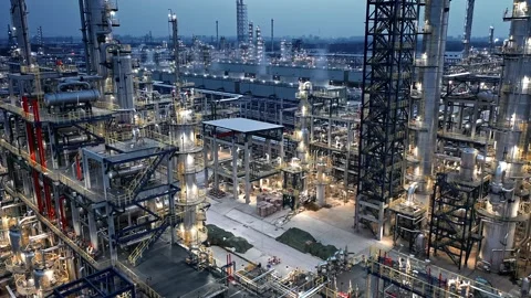 Erial view of chimneys of power plant, an industrial district. Stock Footage 324815326