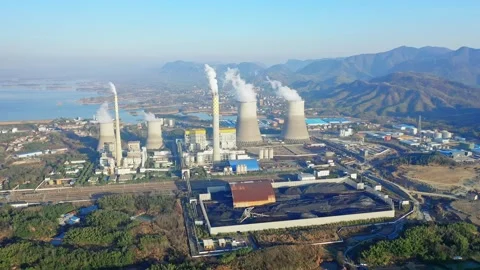 Erial view of chimneys of power plant, an industrial district. Stock Footage 326207432