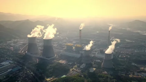 Erial view of chimneys of power plant, an industrial district. Stock Footage 326248832