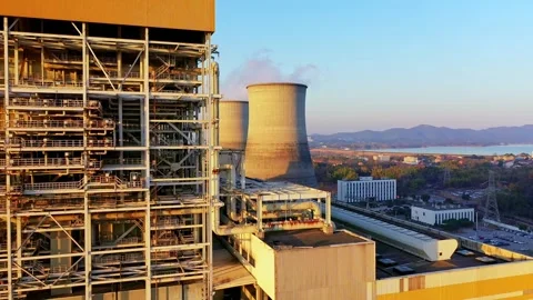 Erial view of chimneys of power plant, an industrial district. Stock Footage 326249220