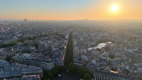 Erial View of Paris Featuring the Arc de Triomphe at Sunrise Hours. France Stock Footage 308457372