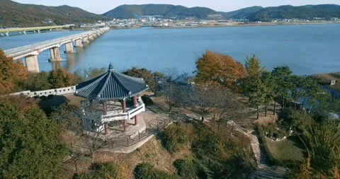 Erial view of sea side over the old traditional pavilion and Bridge. 動画素材 171808633
