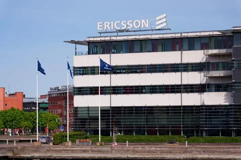 Ericsson multinational networking and telecommunications company logo on he.. Stock Photos