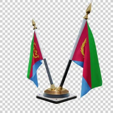 Eritrea 3d illustration flag on pole. Wood flagpole Illustrazione stock