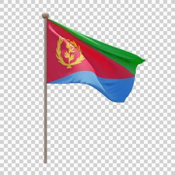 Eritrea 3d illustration flag on pole. Wood flagpole Stock Illustration