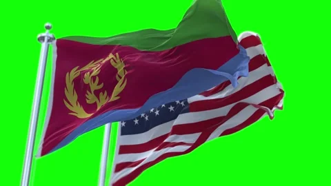 Eritrea and United States Flags Waving on Flagpoles. Seamless Stock Footage 297381237