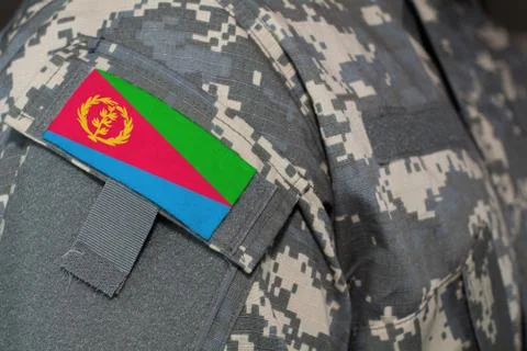 Eritrea army uniform patch flag on soldiers arm. Military Concept Stock Photos