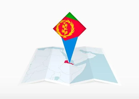 Eritrea is depicted on a folded paper map and pinned location marker with f.. Stock Illustration