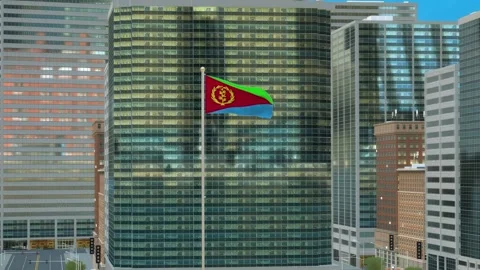 Eritrea Flag 3D Render Animation on Pole with Modern Business District Build Video stock 332883885
