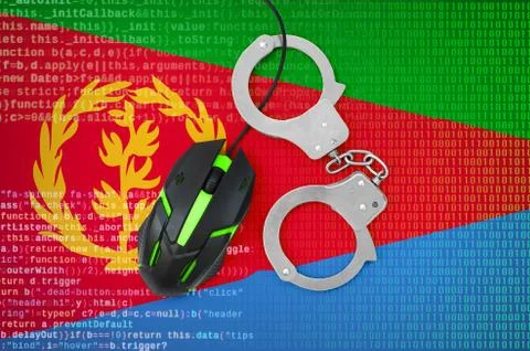 Eritrea flag  and handcuffed computer mouse. Combating computer crime, hacker Stock-Fotos