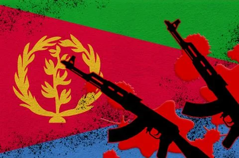 Eritrea flag and two black AK-47 rifles in red blood. Concept for terror atta Stock Illustration