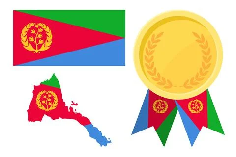 Eritrea flag with map and gold medal in set for web and banners or app and .. Stock Illustration