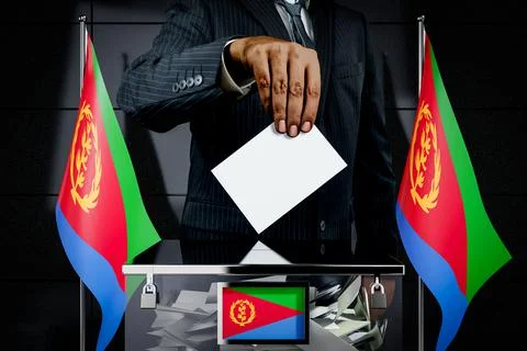 Eritrea flags, hand dropping voting card - election concept - 3D illustration Ilustración de archivo