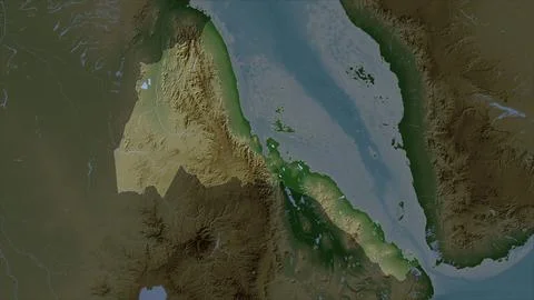 Eritrea highlighted on a Pale colored elevation map with lakes and rivers 库存插图