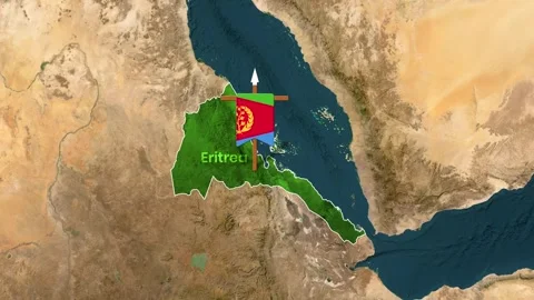 Eritrea is highlighted on a satellite map with a flag and a ship Stock Footage 335144651