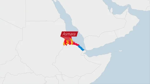 Eritrea map highlighted in Eritrea flag colors and pin of country capital Asm Stock Footage 125782458