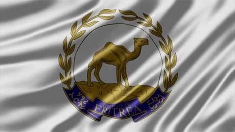 Eritrean state emblem displayed on waving white silk fabric Stockbeeldmateriaal 343834415