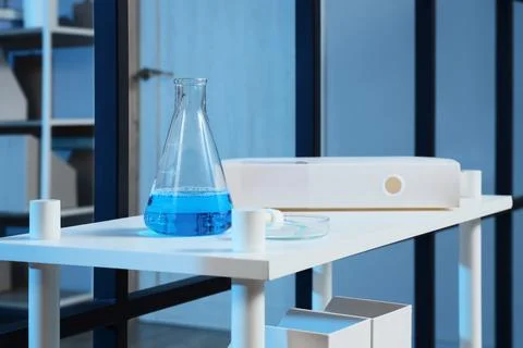 Erlenmeyer flask with blue liquid on a laboratory table, scientific research  Stock Photos