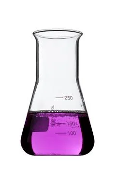Erlenmeyer flask with colored fluid isolated on white Stock Photos