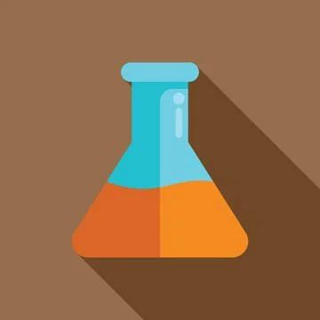 Erlenmeyer flask containing orange liquid icon with long shadow Stock Illustration