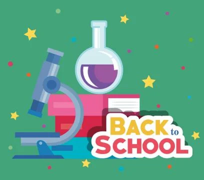 Erlenmeyer flask with microscope and books elementary Stock Illustration