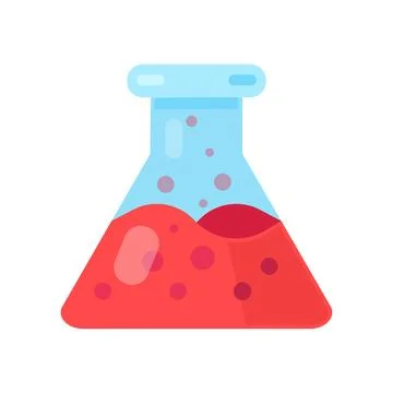 Erlenmeyer flask red bubbling liquid chemical reaction flat vector icon isolated Stock Illustration