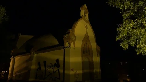 Ermita Can Boada Terrassa Sagrat Cor Jesus church night Vídeos de archivo 114029929