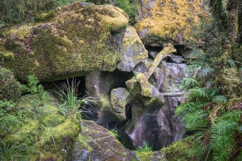 Eroded fancy rock formations at the Chasm Viewing Bridge at Milford Sound Stock Photos