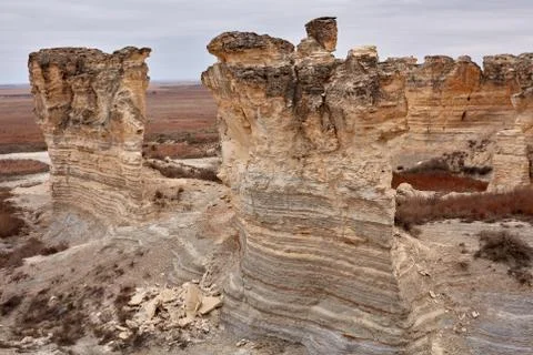 Eroded limestone pillars and stacks in badlands Stock Photos