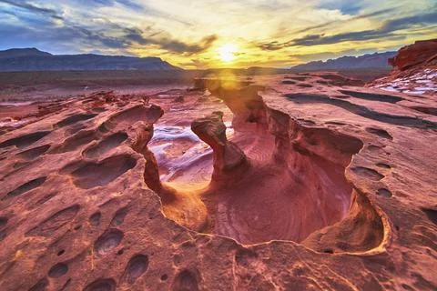 Eroded Sandstone Formations Glowing at Sunset in Little Finland Nevada Desert Stock Photos