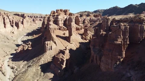 Eroded sandstone pillars panorama, Martian Charyn Canyon, Kazakhstan Stock Footage 336104154