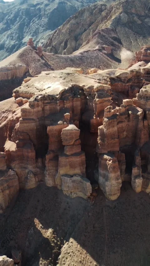 Eroded sandstone pillars panorama, Martian Charyn Canyon, Kazakhstan Stock Footage 336692109