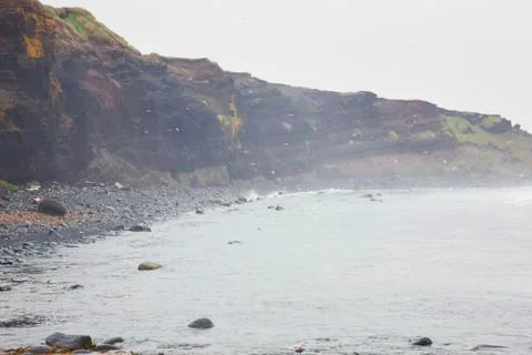 Eroding coastal cliffs of St. Paul Island along the Bering Sea, St. Paul Island, Foto stock