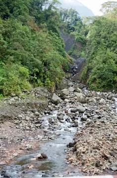 Eroding gully on a geologically unstable slope near the rio quijos in the ecu Stock Photos