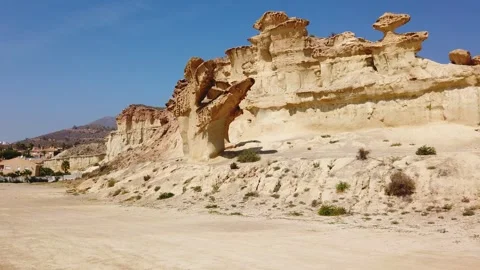 Eroding Layered Rock Formations in Bolnuevo Desert Landscape Video stock 342127762