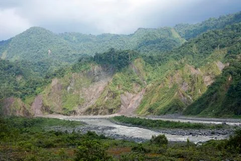 Eroding slopes beside the rio quijos in the ecuadorian amazon, damaged in the Stock Photos