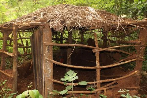 Eroding thatched mud house Foto stock