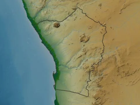 Erongo, Namibia. Colored elevation map with lakes and rivers Illustrazione stock